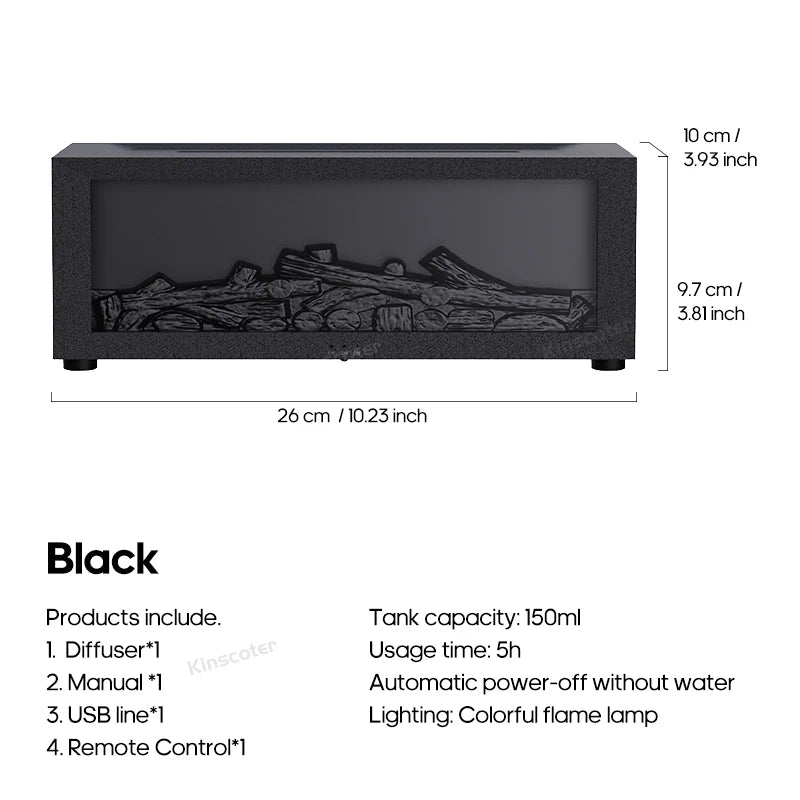 Diffuseur Aromathérapie Cheminée à Flamme Réaliste – Humidificateur Auto-Off avec Télécommande & Veilleuse LED