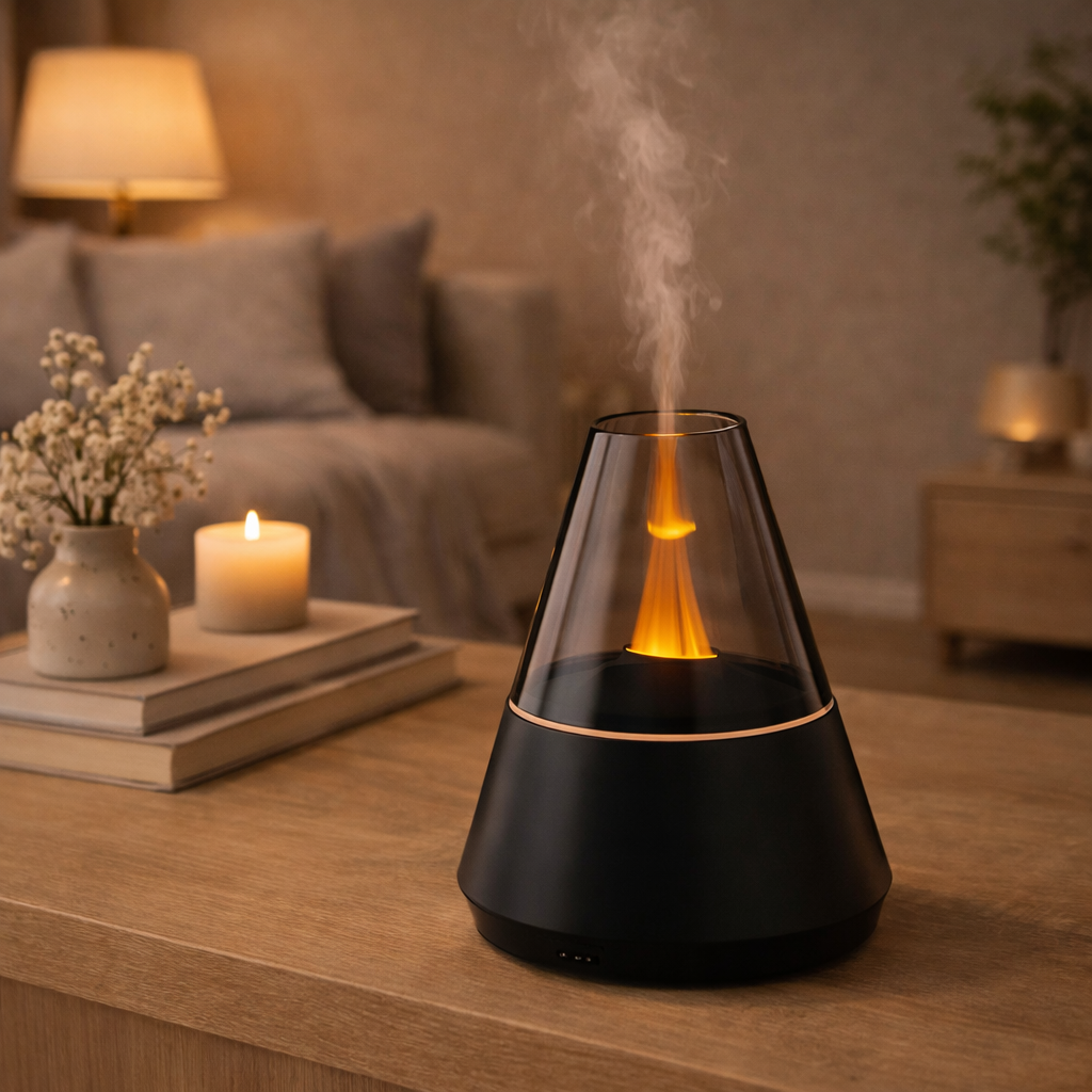 Diffuseur d’huiles essentielles haut de gamme au design flamme. Objet déco élégant, silencieux et sécurisé.  Ambiance luxe & bien-être au quotidien.