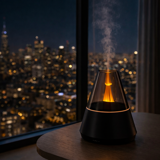 Diffuseur d’huiles essentielles haut de gamme au design flamme. Objet déco élégant, silencieux et sécurisé.  Ambiance luxe & bien-être au quotidien.