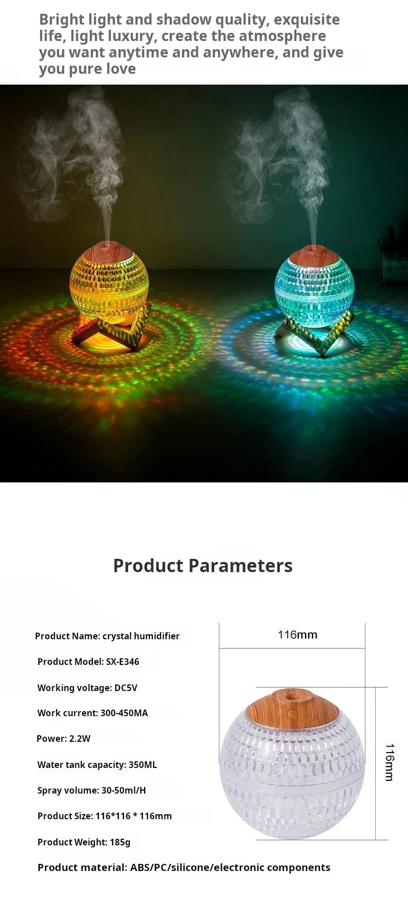 350ml Crystal Light Diffuser – Zen Ambiance LED Humidifier